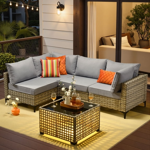 Ovios 5 Pieces Outdoor Patio Furniture Set PE Wicker Rattan Sofa Set with Solar Coffee Table, Gray