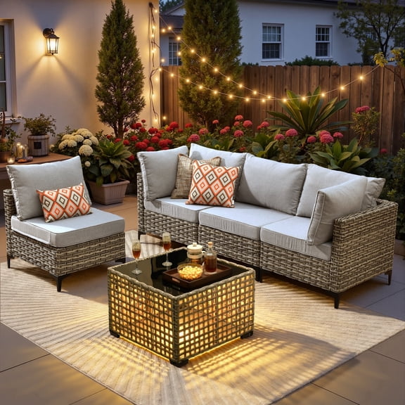 Ovios 5 Pieces Outdoor Patio Furniture Set PE Wicker Rattan Sofa Set with Solar Table, Gray