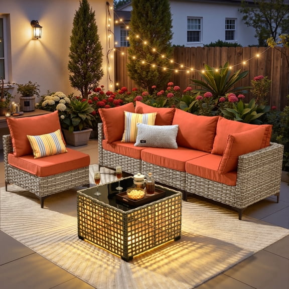 Ovios 5 Pieces Outdoor Patio Furniture Set PE Wicker Rattan Sofa Set with Solar Table, Orange Red