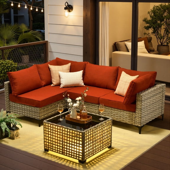 Ovios 5 Pieces Outdoor Patio Furniture Set PE Wicker Rattan Sofa Set with Solar Coffee Table, Orange Red
