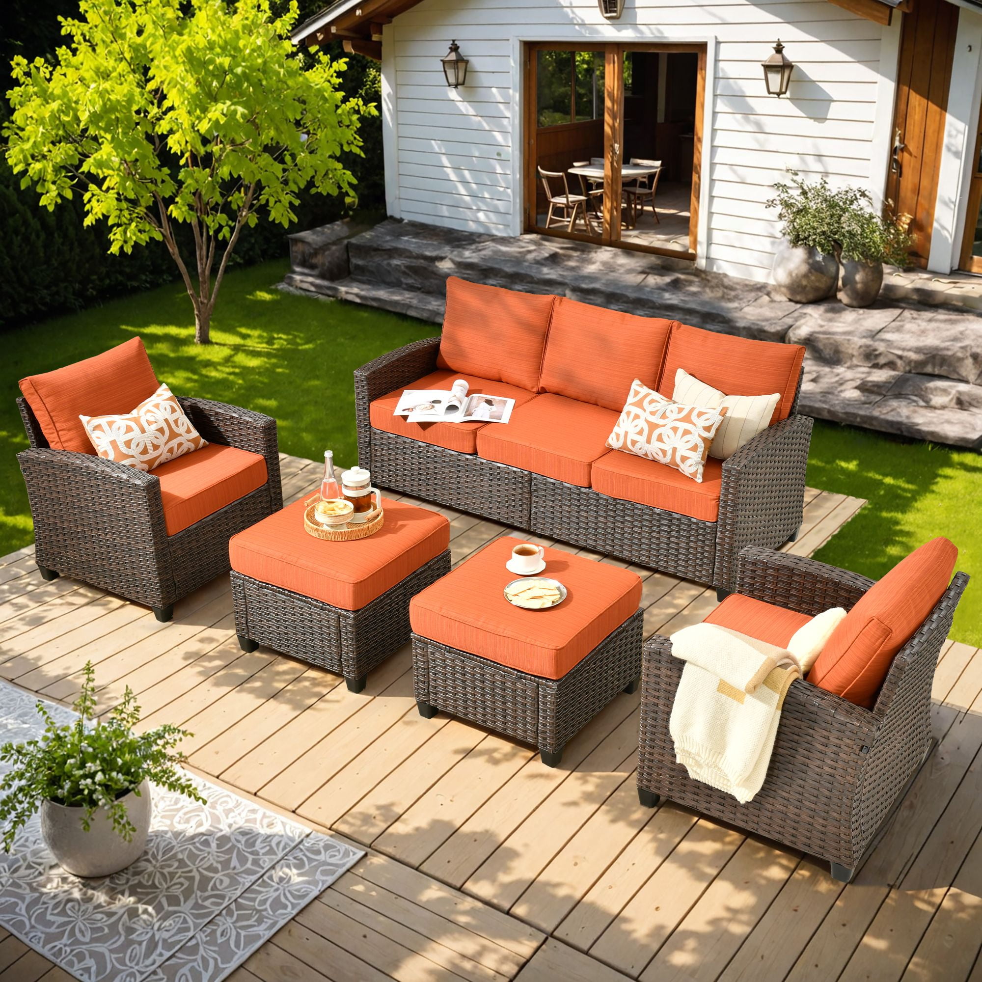 Ovios 5 Pieces Outdoor Patio Furniture Set Wicker Rattan Outside Conversation Sectional Sofa for Backyard