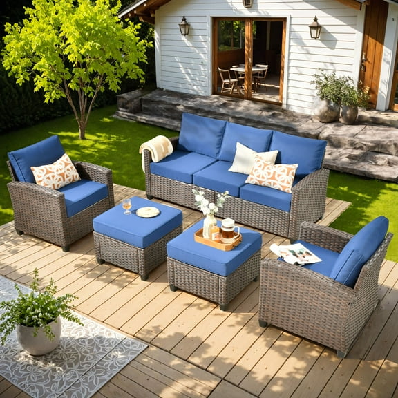 Ovios 5 Pieces Outdoor Patio Furniture Set Wicker Rattan Outside Conversation Sectional Sofa for Backyard