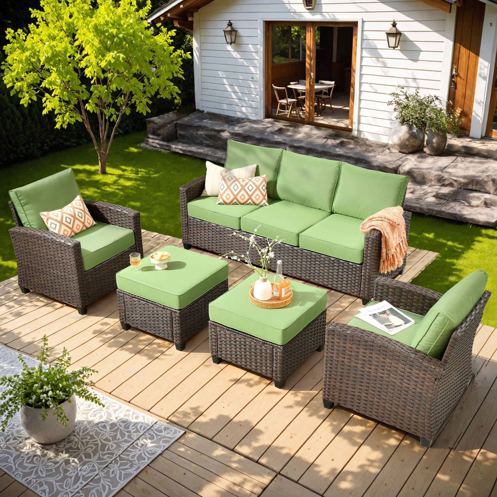 Ovios 5 Pieces Outdoor Patio Furniture Set Wicker Rattan Outside Conversation Sectional Sofa for Backyard