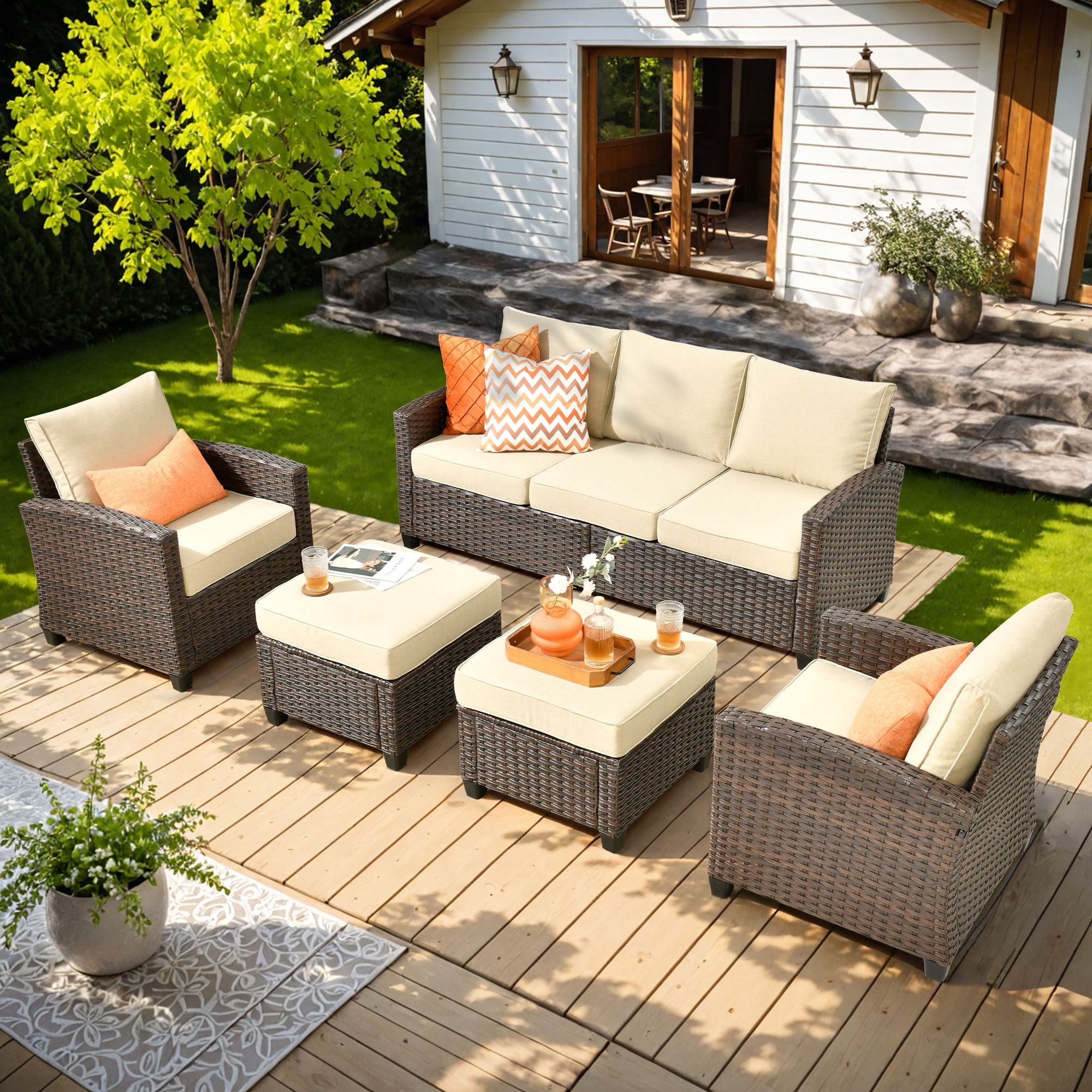 Ovios 5 Pieces Outdoor Patio Furniture Set Wicker Rattan Outside Conversation Sectional Sofa for Backyard