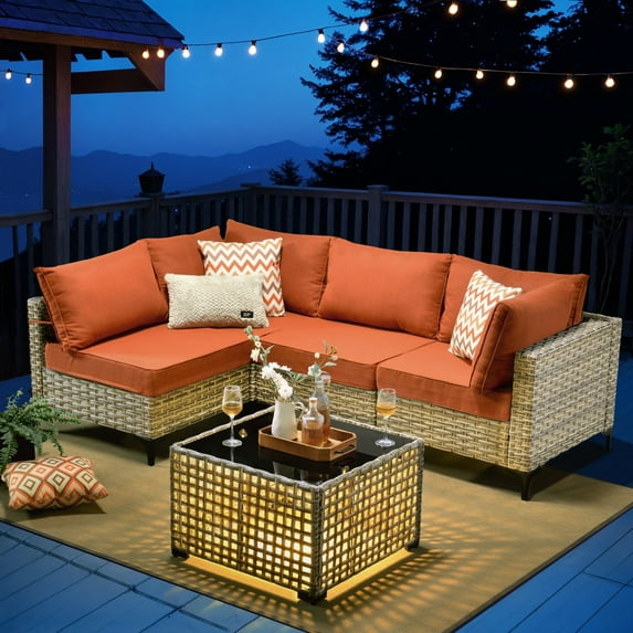 Ovios 5 Pieces Outdoor Patio Furniture Wicker Conversation Sectional with High-Back & Solar Lamps Coffee Table for Backyard