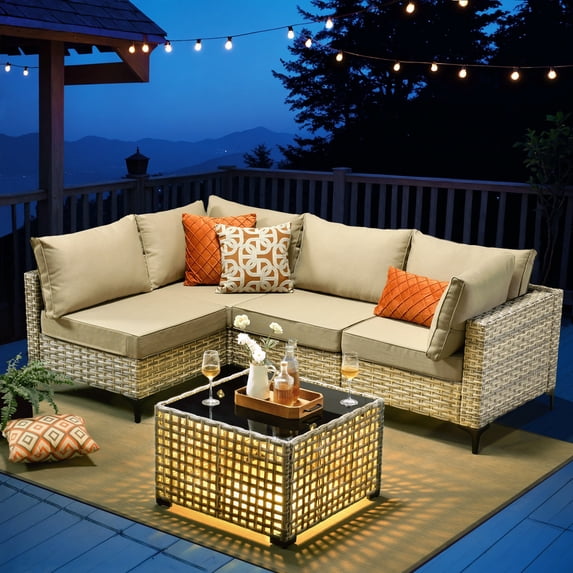 Ovios 5 Pieces Outdoor Patio Furniture Wicker Conversation Sectional with High-Back & Solar Lamps Coffee Table for Backyard