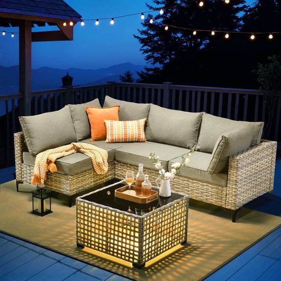 Ovios 5 Pieces Outdoor Patio Furniture Wicker Conversation Sectional with High-Back & Solar Lamps Coffee Table for Backyard