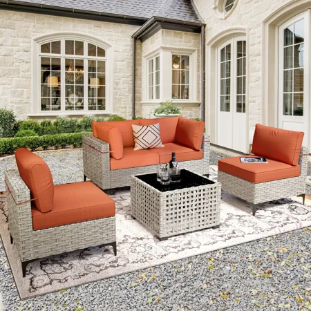 Ovios 5 Pieces Outdoor Patio Furniture Wicker Conversation Sectional with High-Back & Solar Lamps Coffee Table for Backyard