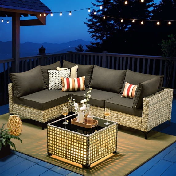 Ovios 5 Pieces Outdoor Patio Furniture Wicker Conversation Sectional with High-Back & Solar Lamps Coffee Table for Backyard