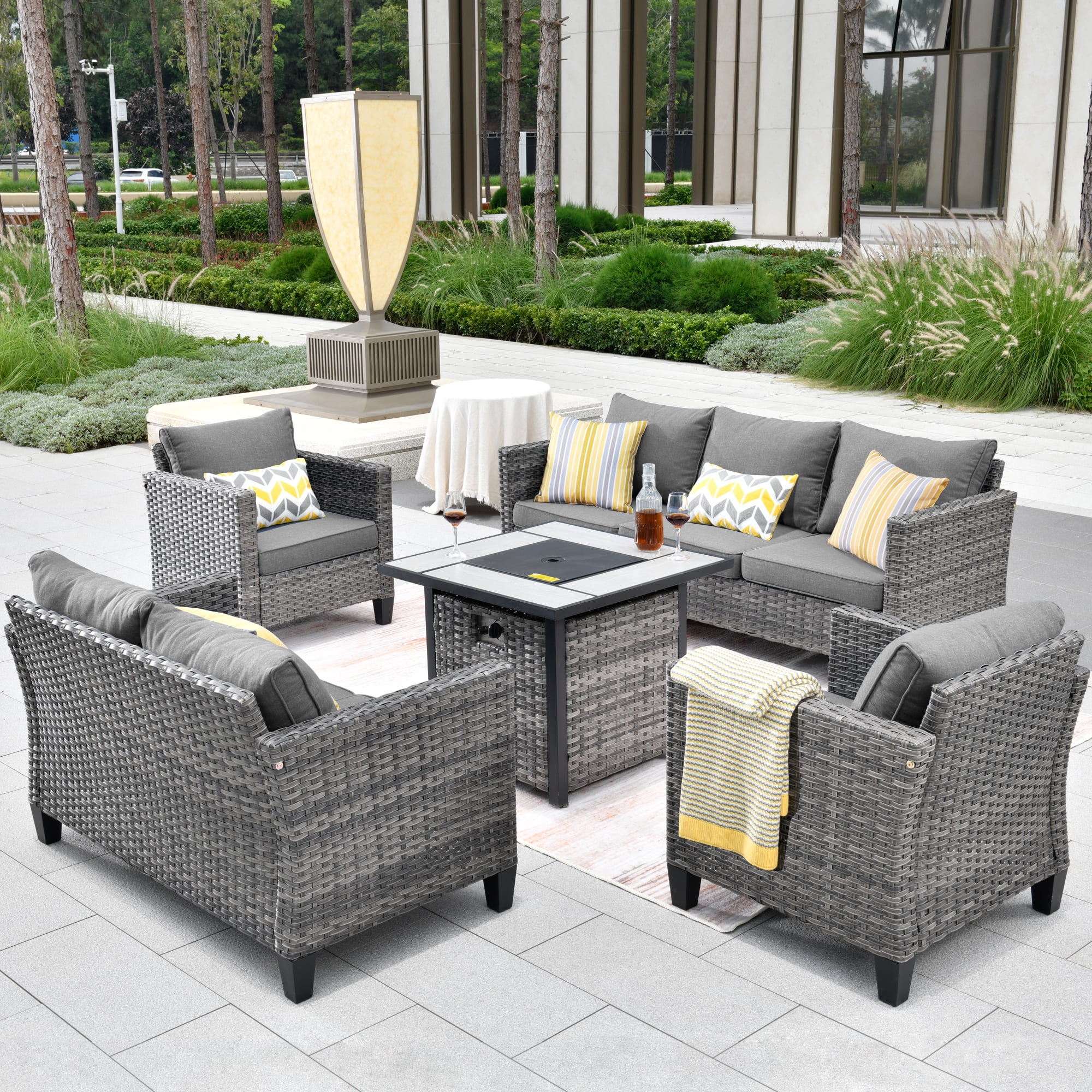 Ovios 5 Piece Set Outdoor Patio Furniture with Propane Fire Pit for