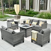 Ovios 5 Pieces Outdoor Patio Furniture with 30 Inch Fire Pit Table Wicker Patio Sectional Sofa with Single Chairs for Backyard Decor