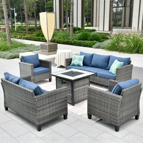 Ovios 5 Steel Spacious Outdoor Conversation Sets with Sofa and Loveseat, Brown/Denim Blue