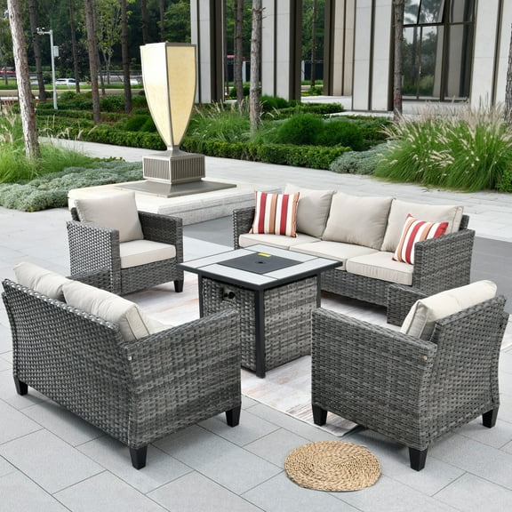 Ovios 5 Pieces Outdoor Patio Furniture with 30 Inch Fire Pit Table Wicker Patio Sectional Sofa with Single Chairs for Backyard Decor