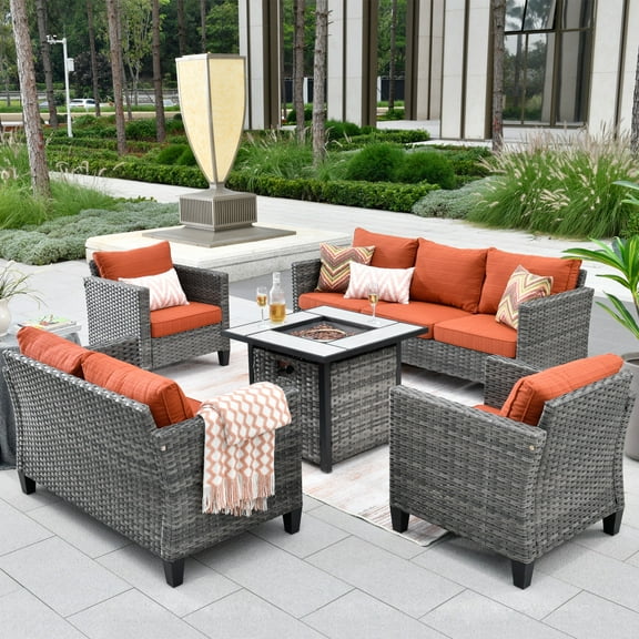 Ovios 5 Pieces Outdoor Patio Furniture with 30 Inch Fire Pit Table Wicker Patio Sectional Sofa with Single Chairs for Backyard Decor