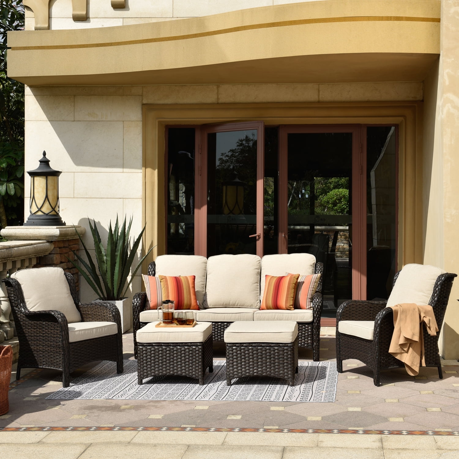 Ovios 5 Pieces Outdoor Patio Furniture with Ottoman Set Rattan Wicker ...