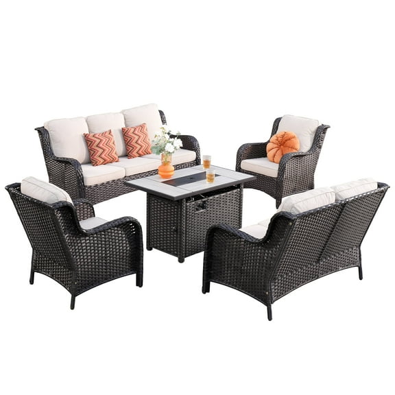 Ovios 5 Pieces Outdoor Patio Furniture with Rectangle Fire Pit Table Wicker Patio Sectional Sofa with Loveseat for Backyard
