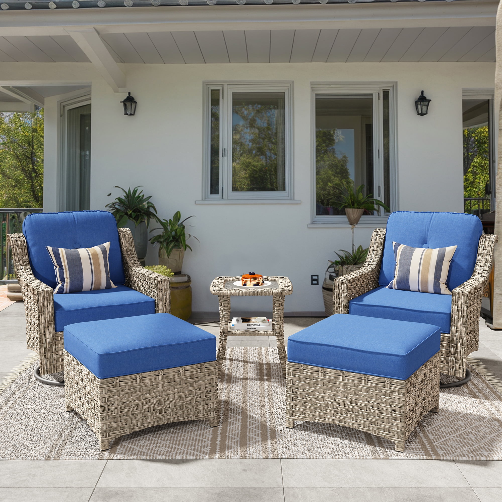 Ovios 5 Pieces Outdoor Patio Wicker Furniture with Swivel Chairs All