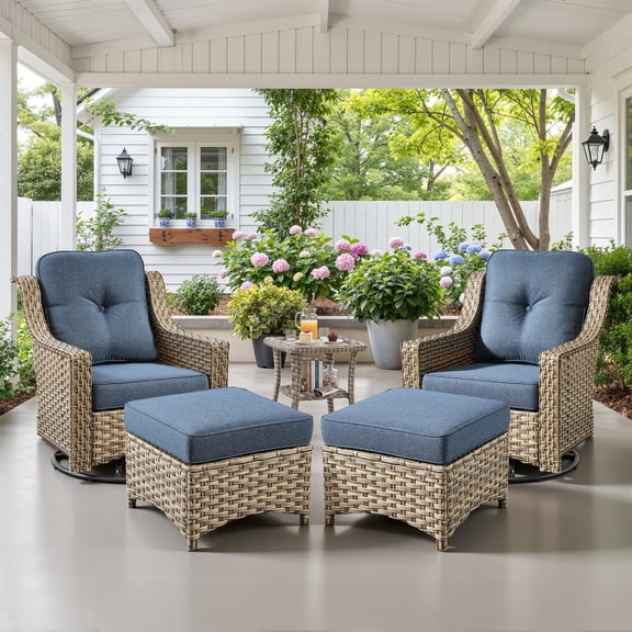 Ovios 5 Piece Outdoor Patio Bistro Set All-Weather Wicker Swivel Chairs with Ottomans High-Back Sectional Conversation Furniture for Backyard, Porch, or Garden