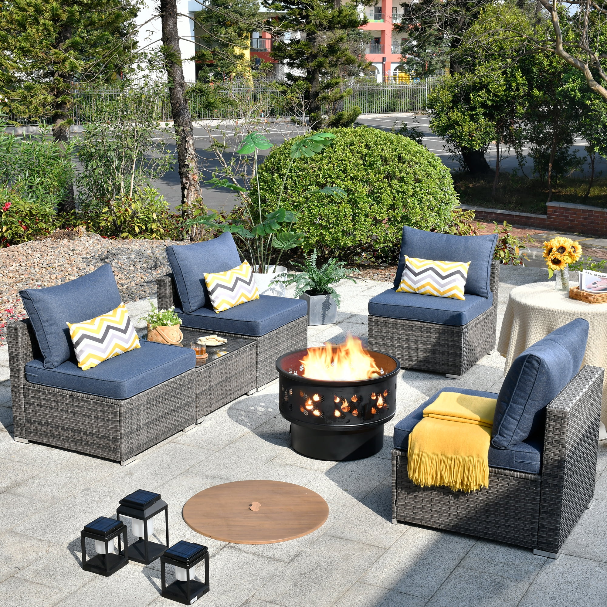 Ovios Pieces Patio Fire Pit Set Outdoor Wicker Conversation Set