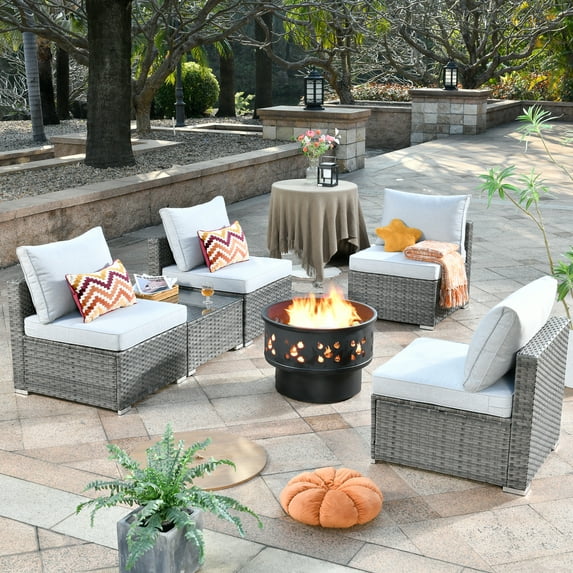 Ovios 5 Pieces Patio Fire Pit Set Outdoor Wicker Conversation Set with Wood Burning Fire Pit,Gray