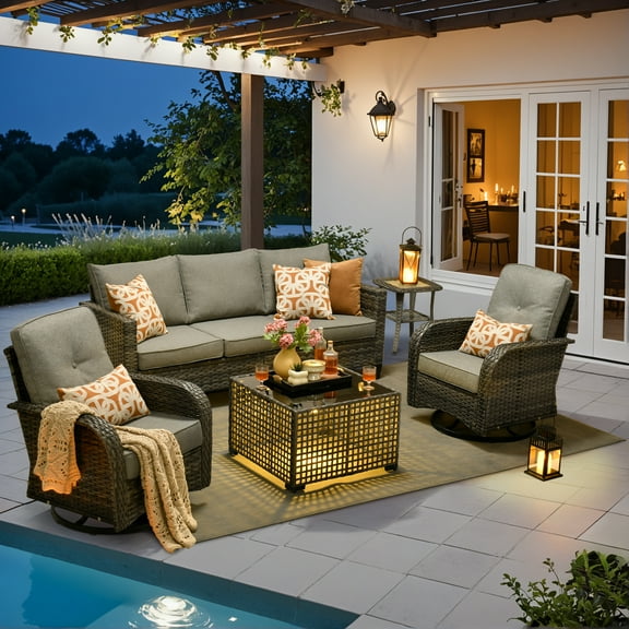 Ovios 5 Pieces Patio Furniture Set Outdoor Conversation All-Weather Rattan Sectional Sofa with Swivel Chairs & Solar Light Table