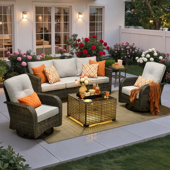 Ovios 5 Pieces Patio Furniture Set Outdoor Conversation All-Weather Rattan Sectional Sofa with Swivel Chairs & Solar Light Table