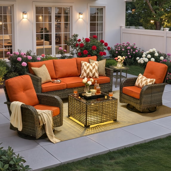 Ovios 5 Pieces Patio Furniture Set Outdoor Conversation All-Weather Rattan Sectional Sofa with Swivel Chairs & Solar Light Table