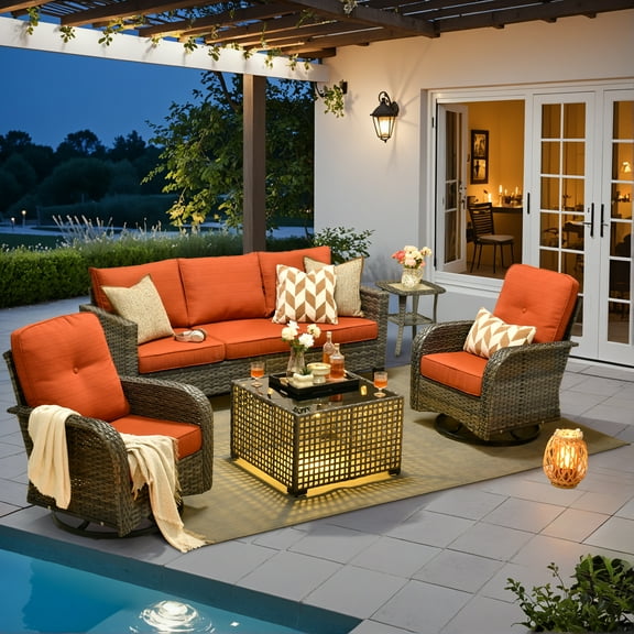 Ovios 5 Pieces Patio Furniture Set Outdoor Conversation All-Weather Rattan Sectional Sofa with Swivel Chairs & Solar Light Table