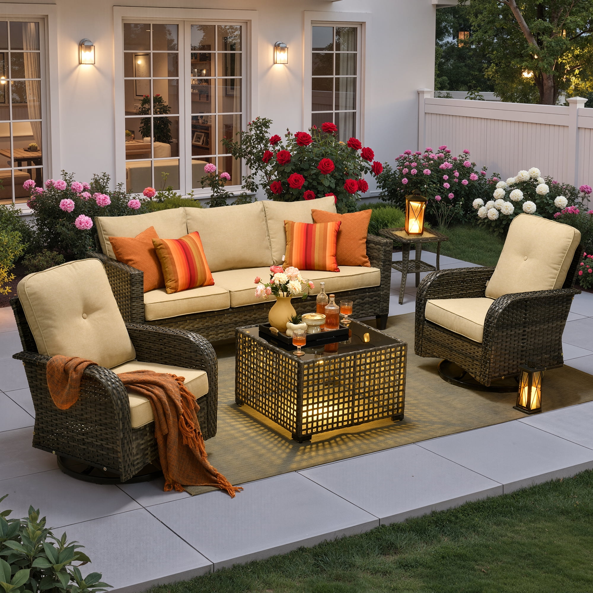 Ovios 5 Pieces Patio Furniture Set Outdoor Conversation All-Weather Rattan Sectional Sofa with Swivel Chairs & Solar Light Table