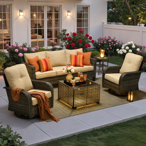 Ovios 5 Pieces Patio Furniture Set Outdoor Conversation All-Weather Rattan Sectional Sofa with Swivel Chairs & Solar Light Table