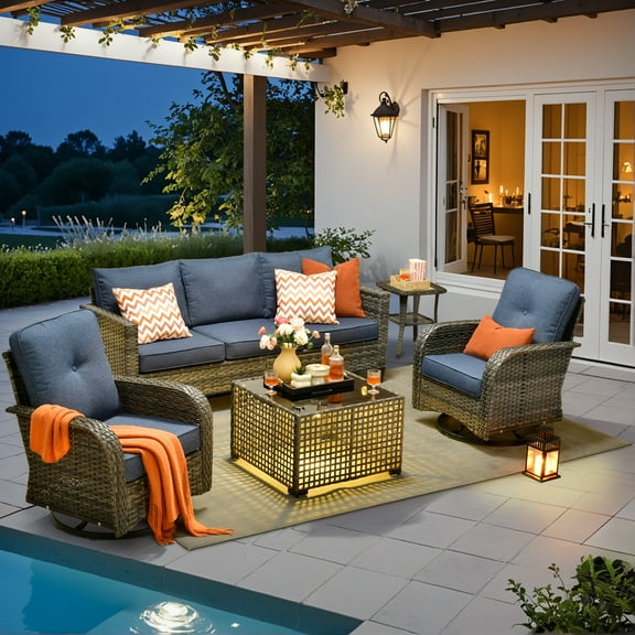 Ovios 5 Pieces Patio Furniture Set Outdoor Conversation All-Weather Rattan Sectional Sofa with Swivel Chairs & Solar Light Table