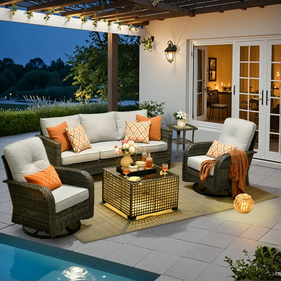 Ovios 5 Pieces Patio Furniture Set Outdoor Conversation All-Weather Rattan Sectional Sofa with Swivel Chairs & Solar Light Table