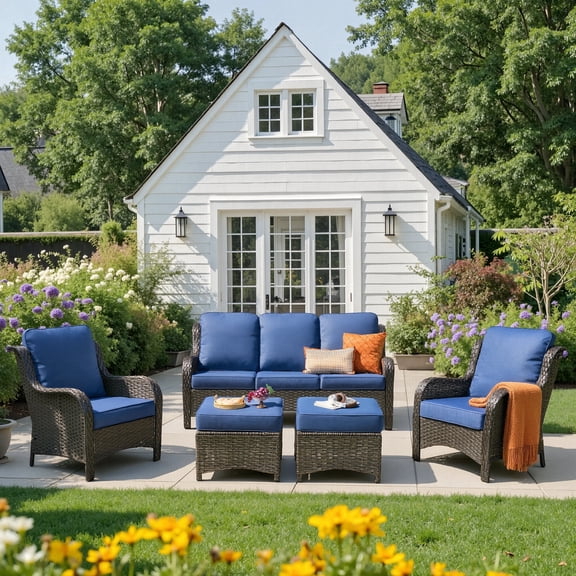 Ovios 5-Piece High Back Patio Outdoor Furniture All-Weather Wicker Conversation Set with Ottomans, Navy Blue