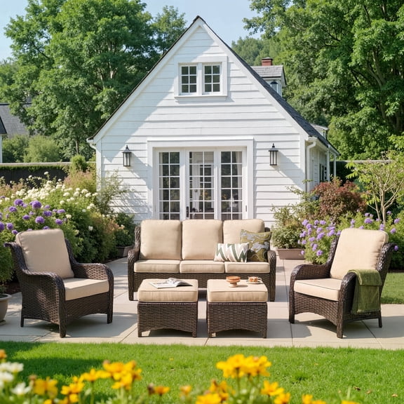 Ovios 5-Piece High Back Patio Outdoor Furniture All-Weather Wicker Conversation Set with Ottomans, Beige