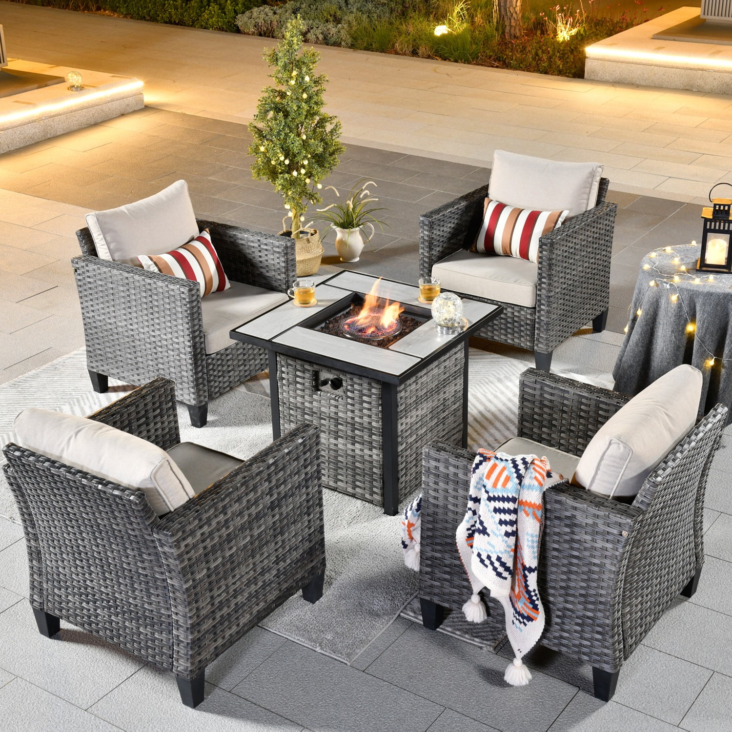 Ovios 5 Pieces Patio Outdoor Furniture Grey Conversation Set Outdoor Sectional Sofa with Gas