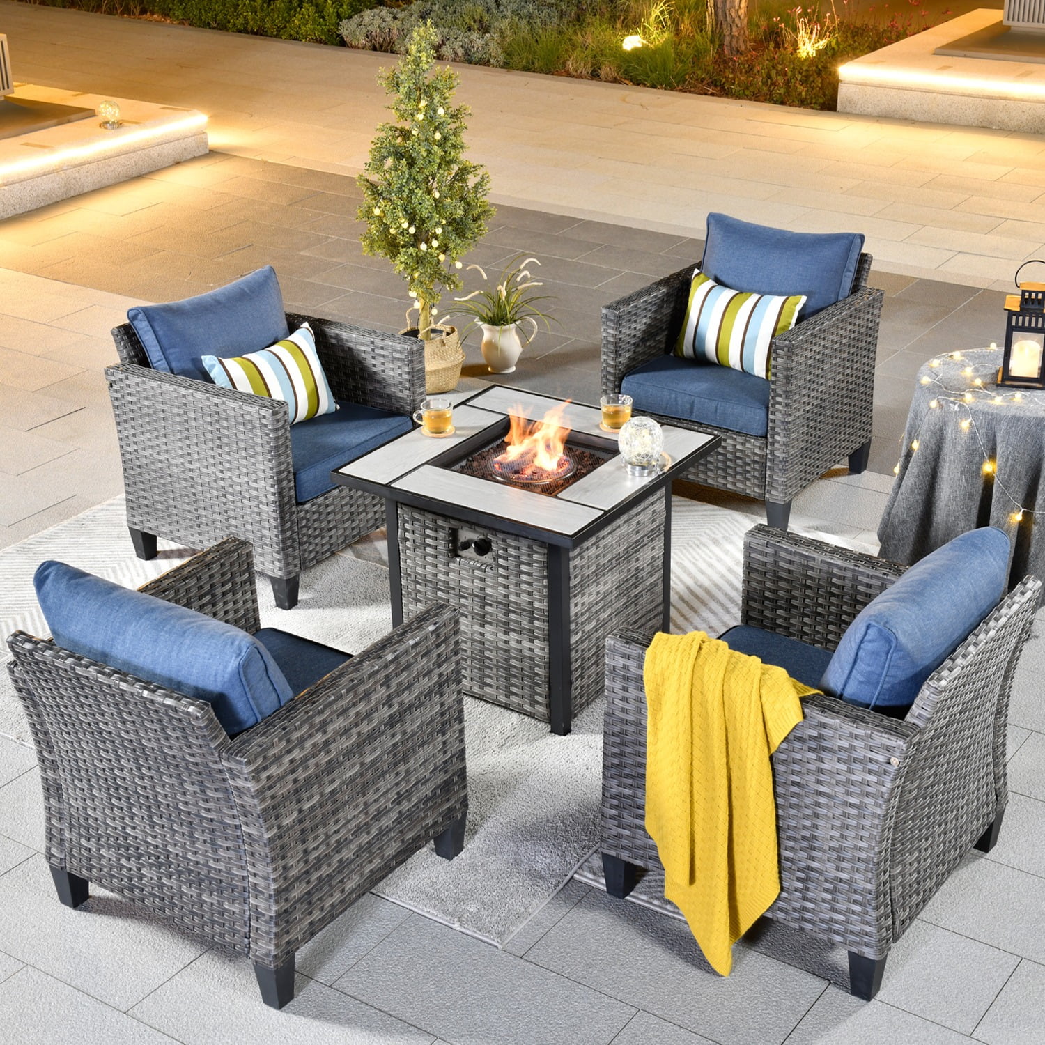 Ovios 5-Piece Patio Outdoor Conversation Set with Gas Fire Pit Table ...