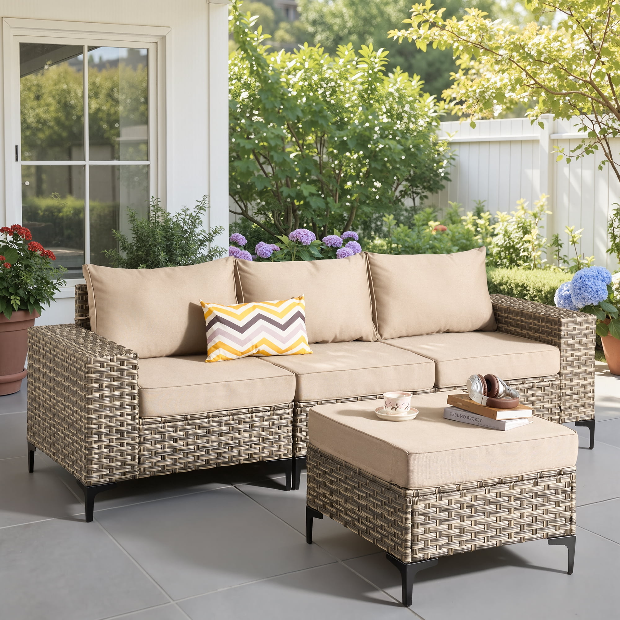 Ovios 4 Pieces Wicker Patio Furniture Sets Outdoor Conversation Sectional Sofa for Backyard Deck