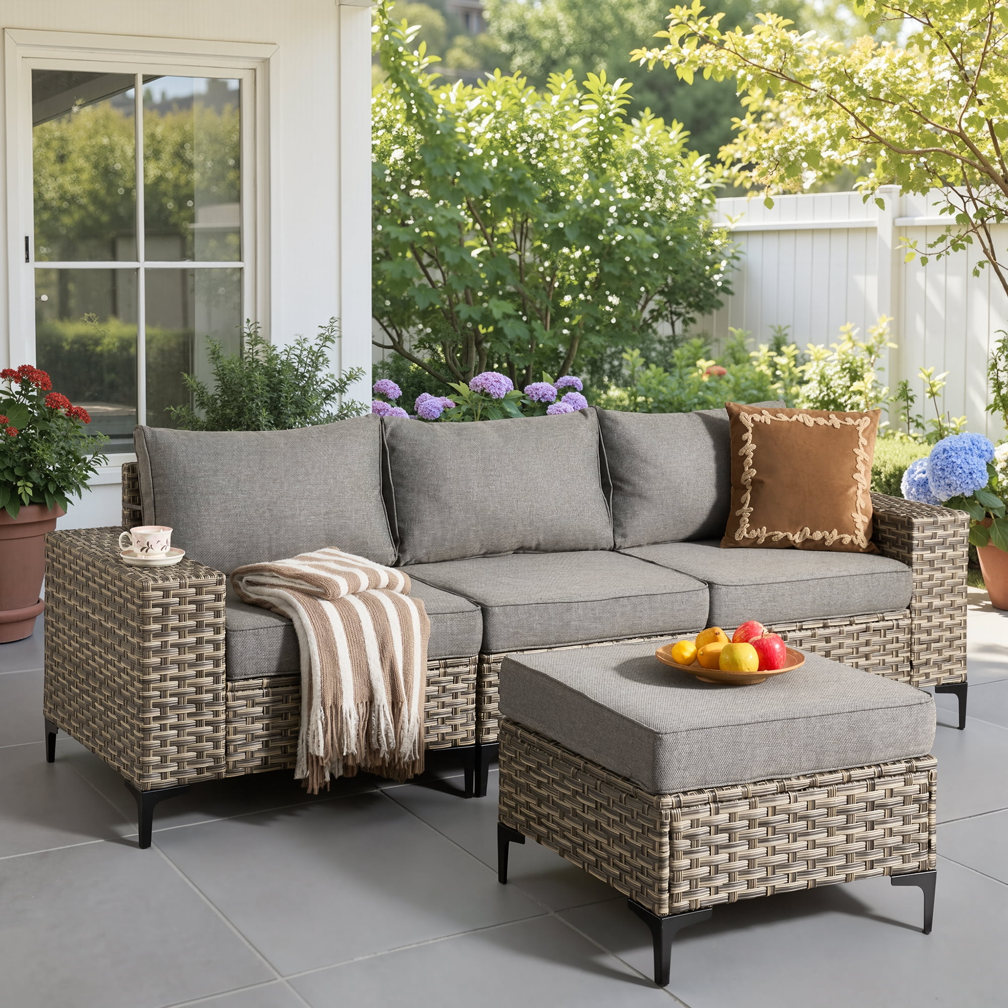 Ovios 4 Pieces Wicker Patio Furniture Sets Outdoor Conversation Sectional Sofa for Backyard Deck