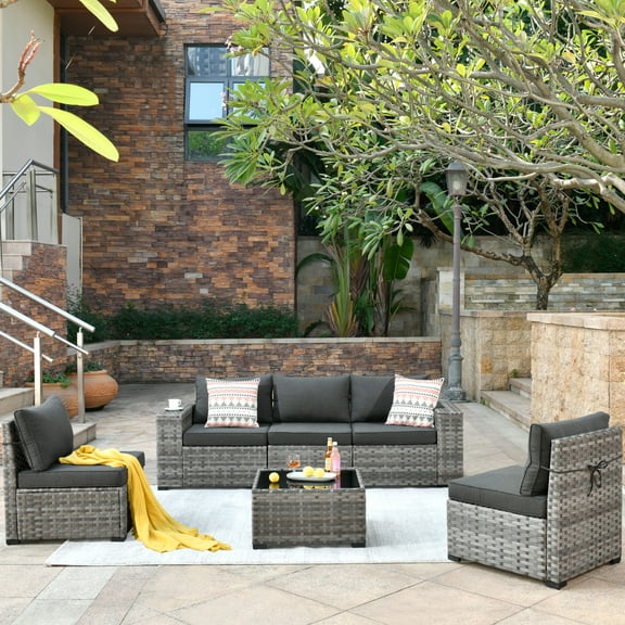 Ovios 6 Piece Outdoor Furniture All Weather Wicker Patio Conversation Sectional Couch with 7.68" Armrest for Garden Backyard
