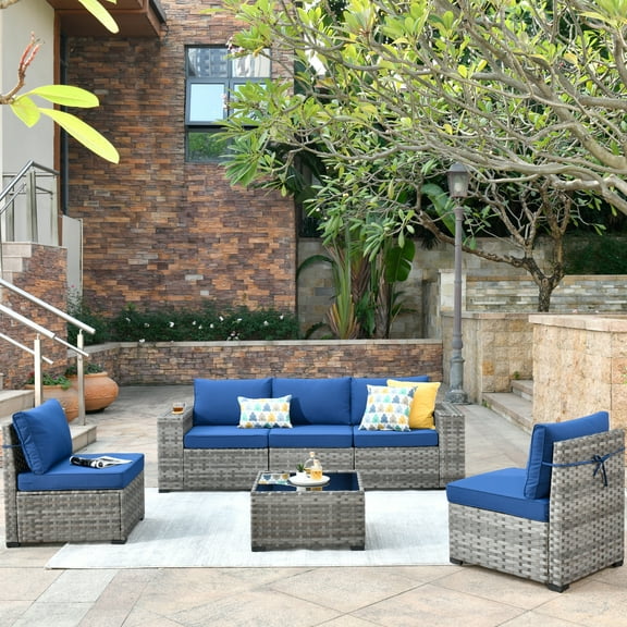 Ovios 6 Piece Outdoor Furniture All Weather Wicker Patio Conversation Sectional Couch with 7.68" Armrest for Garden Backyard
