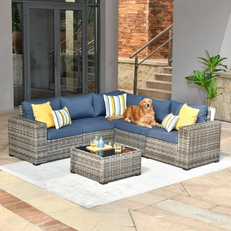 Ovios 6 Piece Outdoor Furniture All Weather Wicker Patio Conversation Sectional Sofa Set with Side Table for Garden Backyard