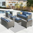 thumbnail image 1 of Ovios 6 Piece Outdoor Patio Furniture Rattan Wicker Patio Conversation Set with Loveseat All-Weather Outdoor Sectional Sofa with Denim Blue Cushion for Backyard, 1 of 6