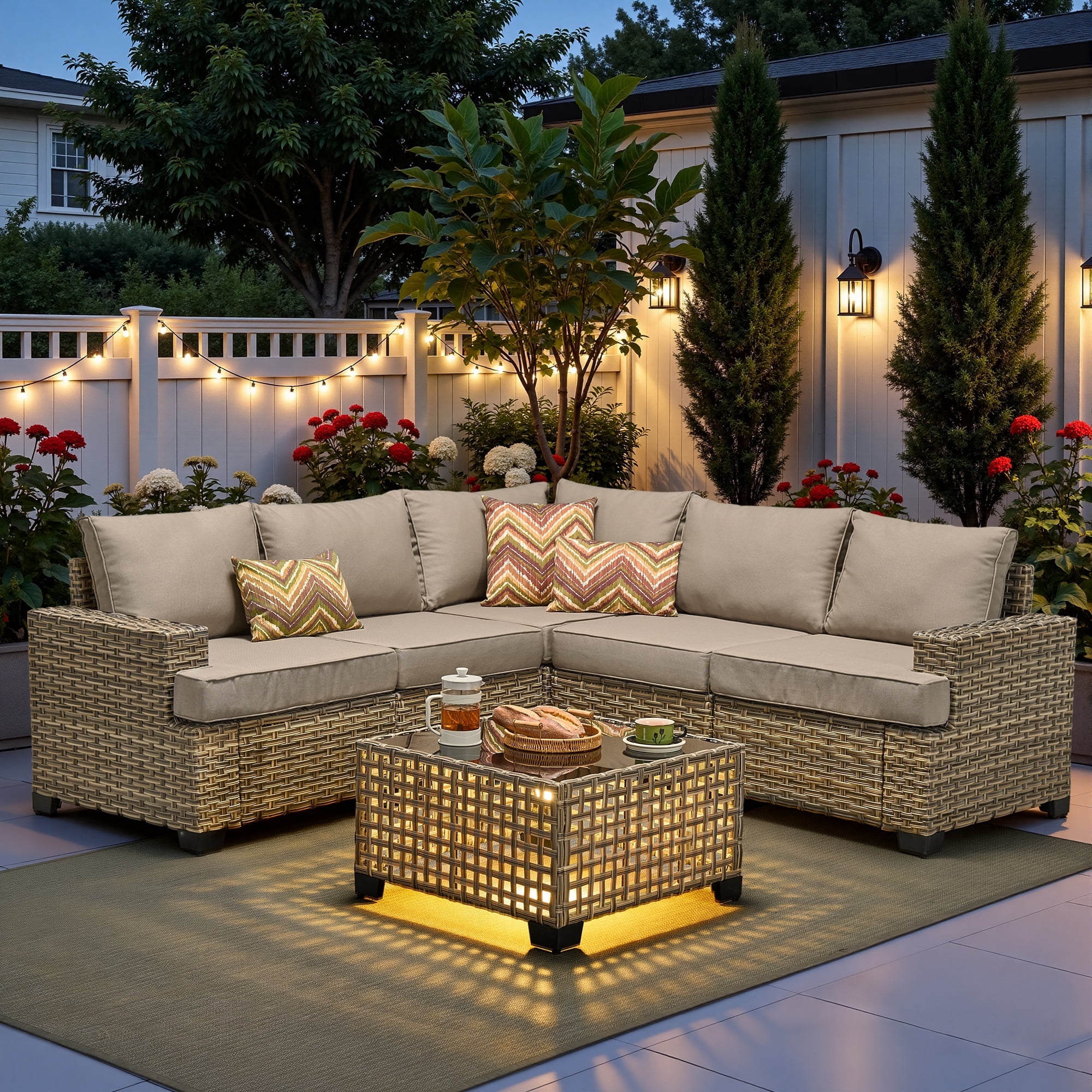 Ovios 6-Piece Outdoor Patio Furniture Set with Solar-Powered Lighted Coffee Table, All-Weather Wicker L-Shaped Sectional Sofa, Beige