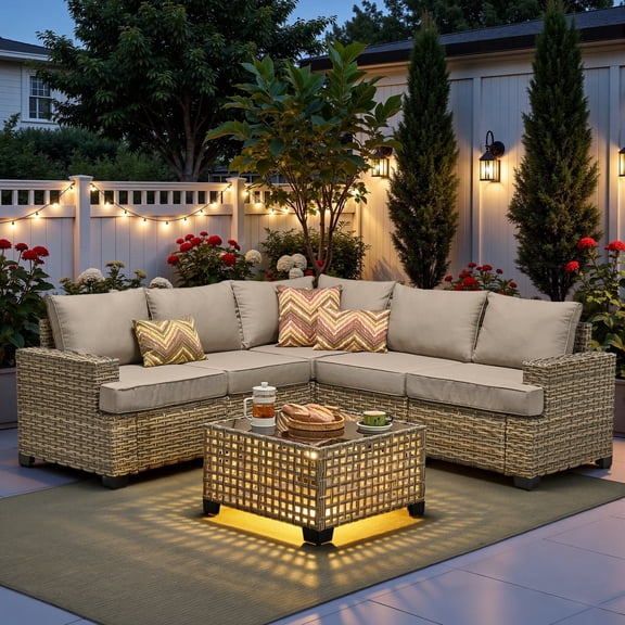 Ovios 6-Piece Outdoor Patio Furniture Set with Solar-Powered Lighted Coffee Table, All-Weather Wicker L-Shaped Sectional Sofa, Beige