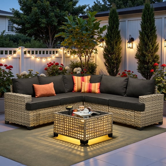Ovios 6-Piece Outdoor Patio Furniture Set with Solar-Powered Lighted Coffee Table, All-Weather Wicker L-Shaped Sectional Sofa, Black