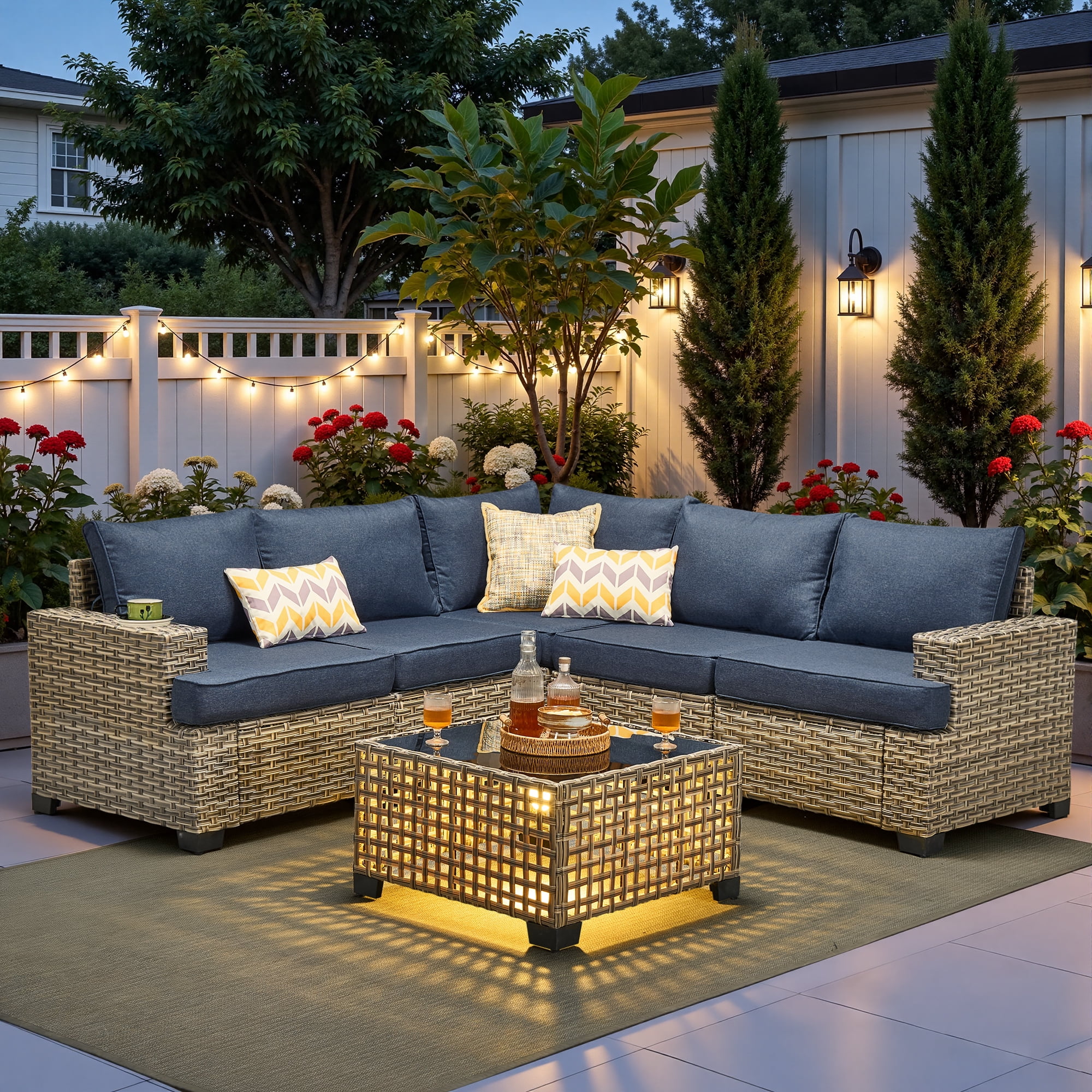 Ovios 6-Piece Outdoor Patio Furniture Set with Solar-Powered Lighted Coffee Table, All-Weather Wicker L-Shaped Sectional Sofa, Denim Blue