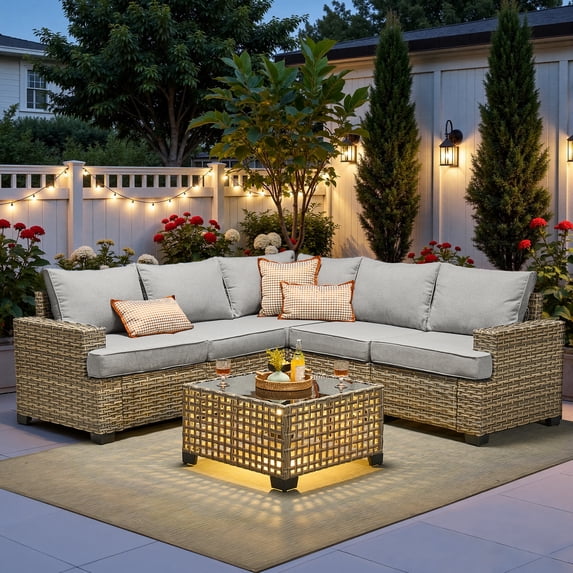 Ovios 6-Piece Outdoor Patio Furniture Set with Solar-Powered Lighted Coffee Table, All-Weather Wicker L-Shaped Sectional Sofa, Gray