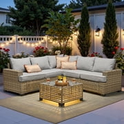 Ovios 6-Piece Outdoor Patio Furniture Set with Solar-Powered Lighted Coffee Table, All-Weather Wicker L-Shaped Sectional Sofa, Gray