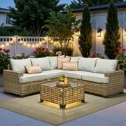 Ovios 6-Piece Outdoor Patio Furniture Set with Solar-Powered Lighted Coffee Table, All-Weather Wicker L-Shaped Sectional Sofa, Gray