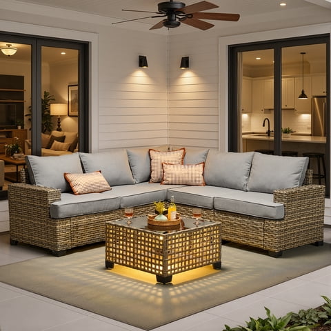 Ovios 6 Pieces Outdoor Patio Furniture Sectional Conversation Set, PE Wicker Outdoor Couch with Solar Coffee Table, Gray Cushion